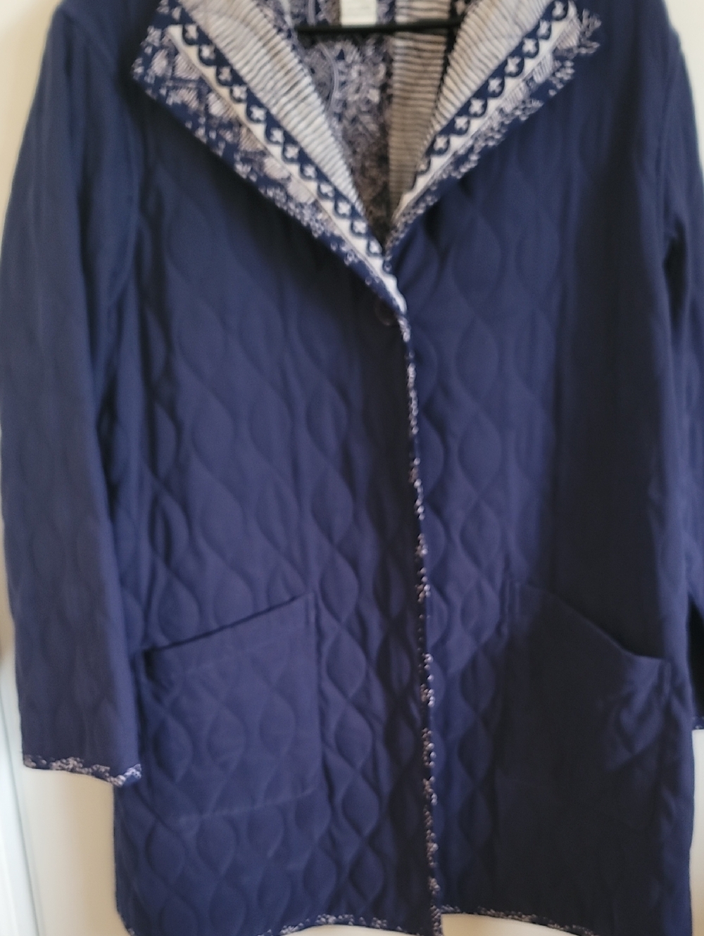 Reversible Navy Quilted Puffer Coat with Patterned Trim